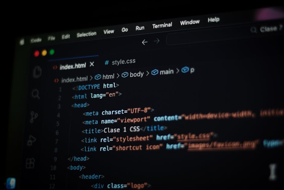 A computer screen displaying HTML code in a code editor, with visible tags such as '<!DOCTYPE html>', '<html>', '<head>', '<title>', and '<body>'. The code appears to be related to website structure a